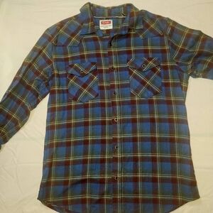 🌱Wrangler Men's Blue and Brown Plaid Button Down Flannel Shirt Medium